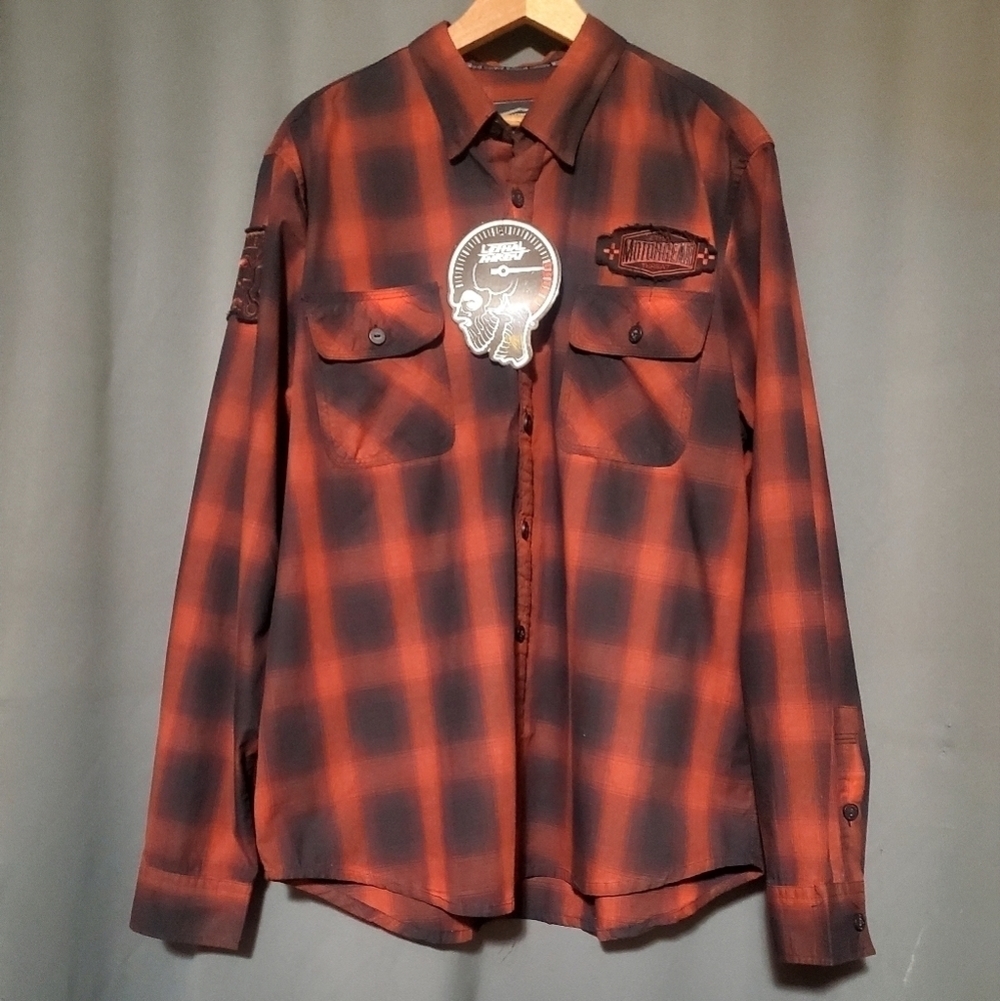 Red Plaid Leathal Threat Motorcycle Biker Long Sleeve Button Up Size Large